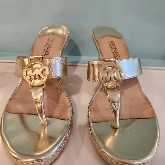 Michael Kors Gold Espadrilles. Gold Wedge heel slip on dress sandals. - Picture 2 of 11